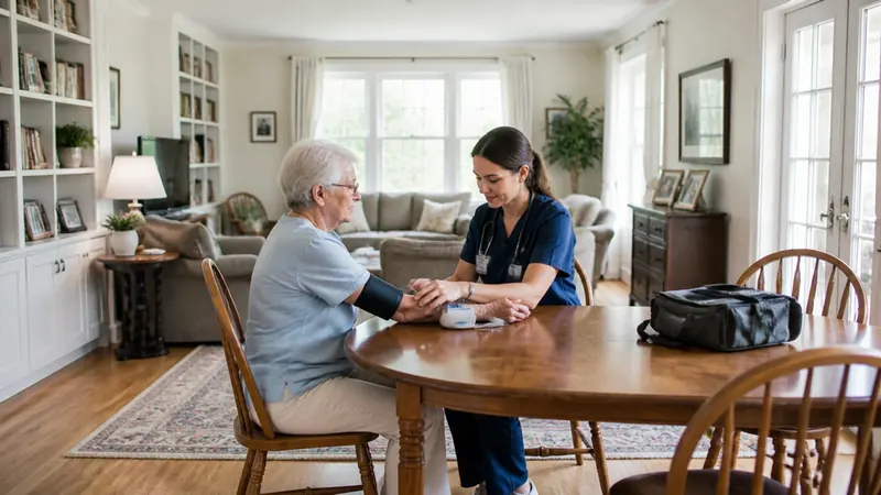 Pflegekraft misst bei einem Senior zuhause den Blutdruck