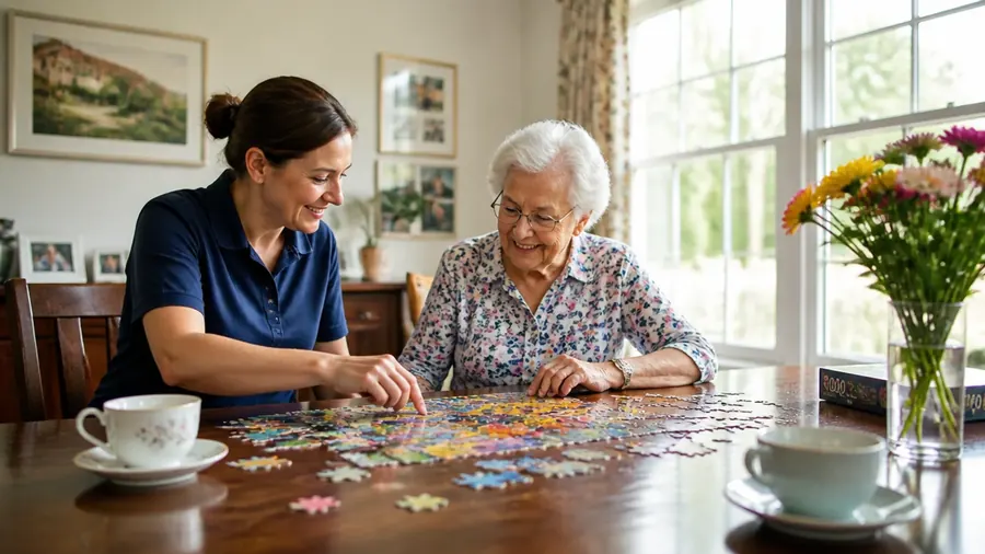 Pflegekraft und Seniorin puzzeln gemeinsam