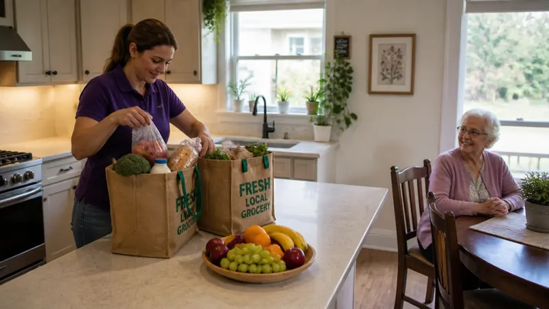 Helferin packt Einkäufe in der Küche einer Seniorin aus