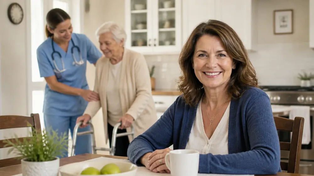 Pflegekraft begleitet eine Seniorin in ihrer Küche