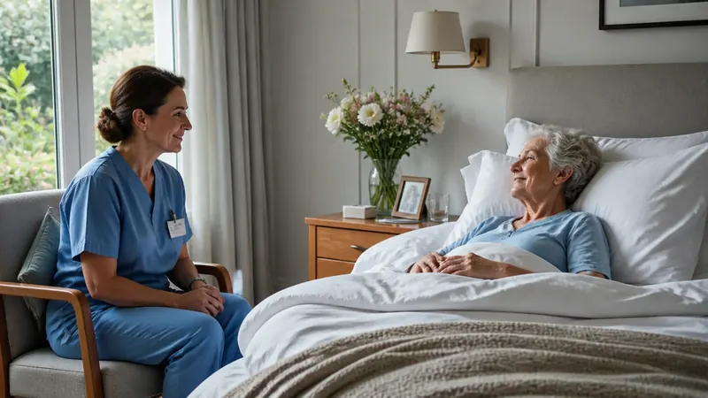 Pflegekraft sitzt am Bett einer Seniorin