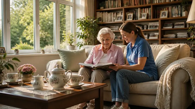 Pflegekraft und Seniorin sitzen gemeinsam auf dem Sofa